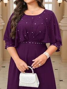 Reflora Plus Size Round Neck Elegant Rhinestone Embellished Waist Cinched Party Dress