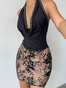 Aloruh Women's Deep Draped Neck Rivet Decor Sequin Embroidered Backless Fitted Mini Dress,Black Floral,Summer,Chic,Nightclub,Christmas Party,Graduation - Black - View 3