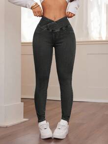 SHEIN PETITE 女士秋冬返校季万圣节圣诞节Y2K可爱运动街头风生日俱乐部机场休闲水洗重叠腰部修身蓝色牛仔裤高腰弹力紧身牛仔裤 - 完美贴合日常穿着的休闲蓝色牛仔紧身牛仔裤，采用柔软面料和显瘦的高腰设计，适合秋季、女士秋季、女士冬季 - 黑色 - 查看 3