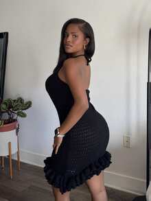 度假挂脖露背荷叶边针织连衣裙 - 黑色 - 查看 5