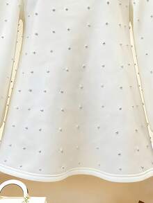 Franclia 女士时尚新款白色羽毛和珍珠装饰圆领泡泡袖宽松中长款运动衫，适合日常穿着、婚礼、联欢晚会、通勤、毕业派对、节日、约会、聚会 - 白色 - 查看 5