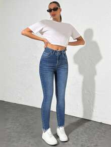 EURMUSE Quần jean denim cạp cao ôm gấu gấp - Rửa trung bình - Xem 1