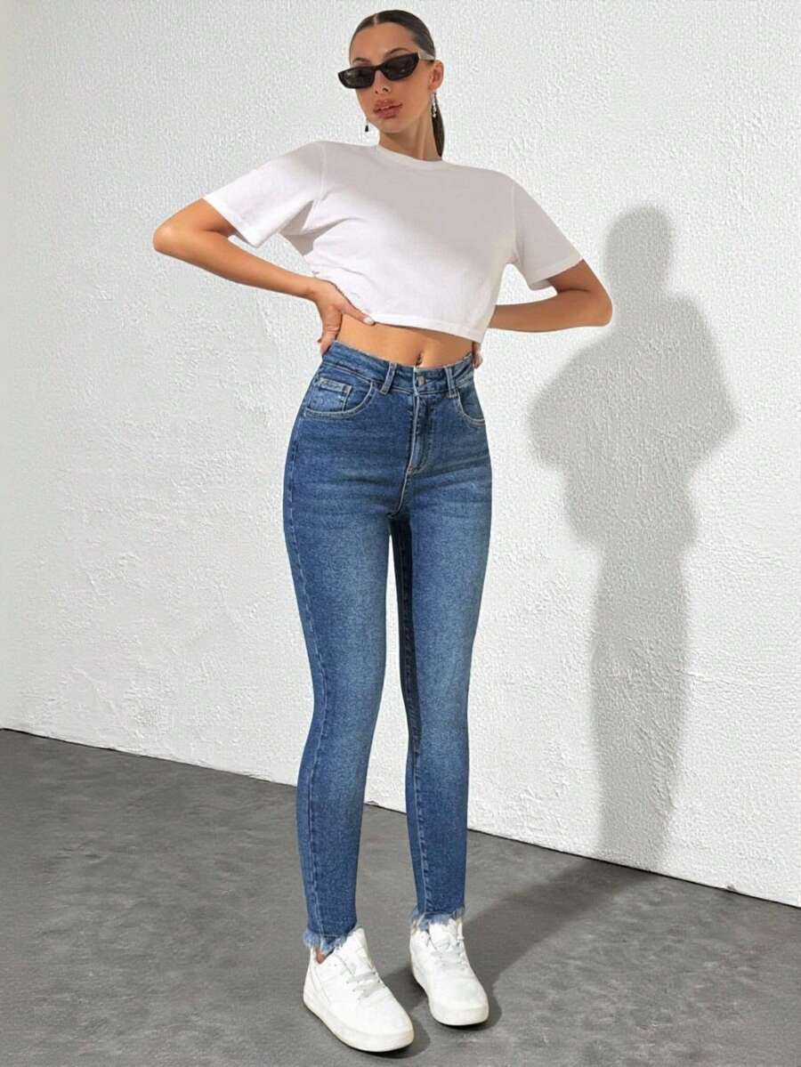 EURMUSE Quần jean denim cạp cao ôm gấu gấp - Rửa trung bình - Xem 1