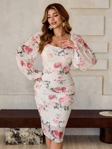 Roveilla Vestido midi de manga larga con volantes en la cintura, estampado floral, de malla tejida, elegante y romántico, para mujer de talla grande, para primavera/otoño
