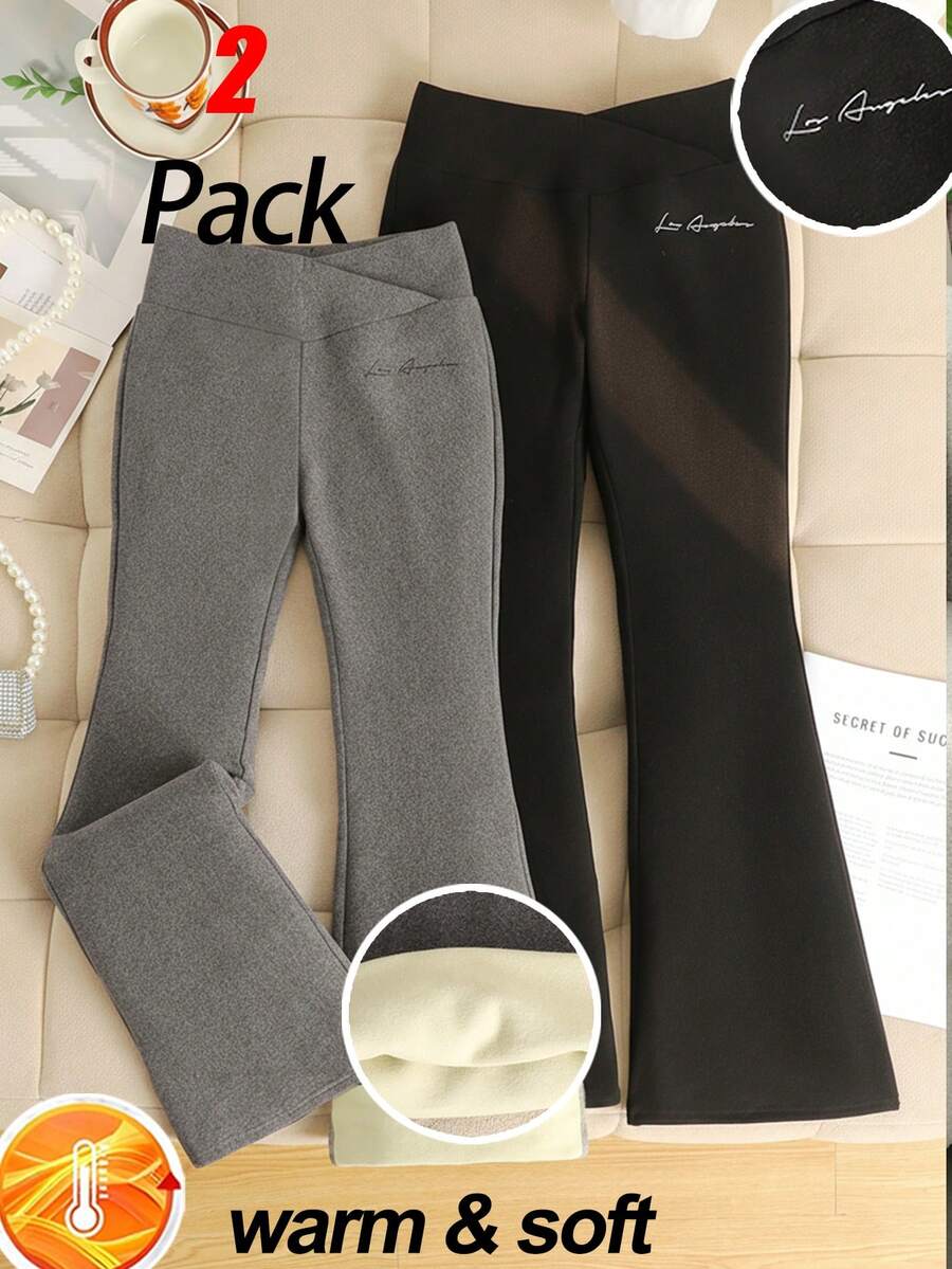 SHEIN 2条装少女保暖加厚修身喇叭裤，黑色和深灰色，柔软舒适，洛杉矶图案和标语印花，休闲百搭打底裤，保暖柔软打底裤套装，女士冬季保暖加厚打底裤，喇叭裤型