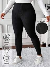 SHEIN LUNE Casual Plus Size Black Ribbed Leggings, Suitable For Autumn/Winter High Waist Leggings Plus Size Leggings Black Leggings Tights Plus Size Yoga Pants Plus Size Ribbed Leggings Plus Size
