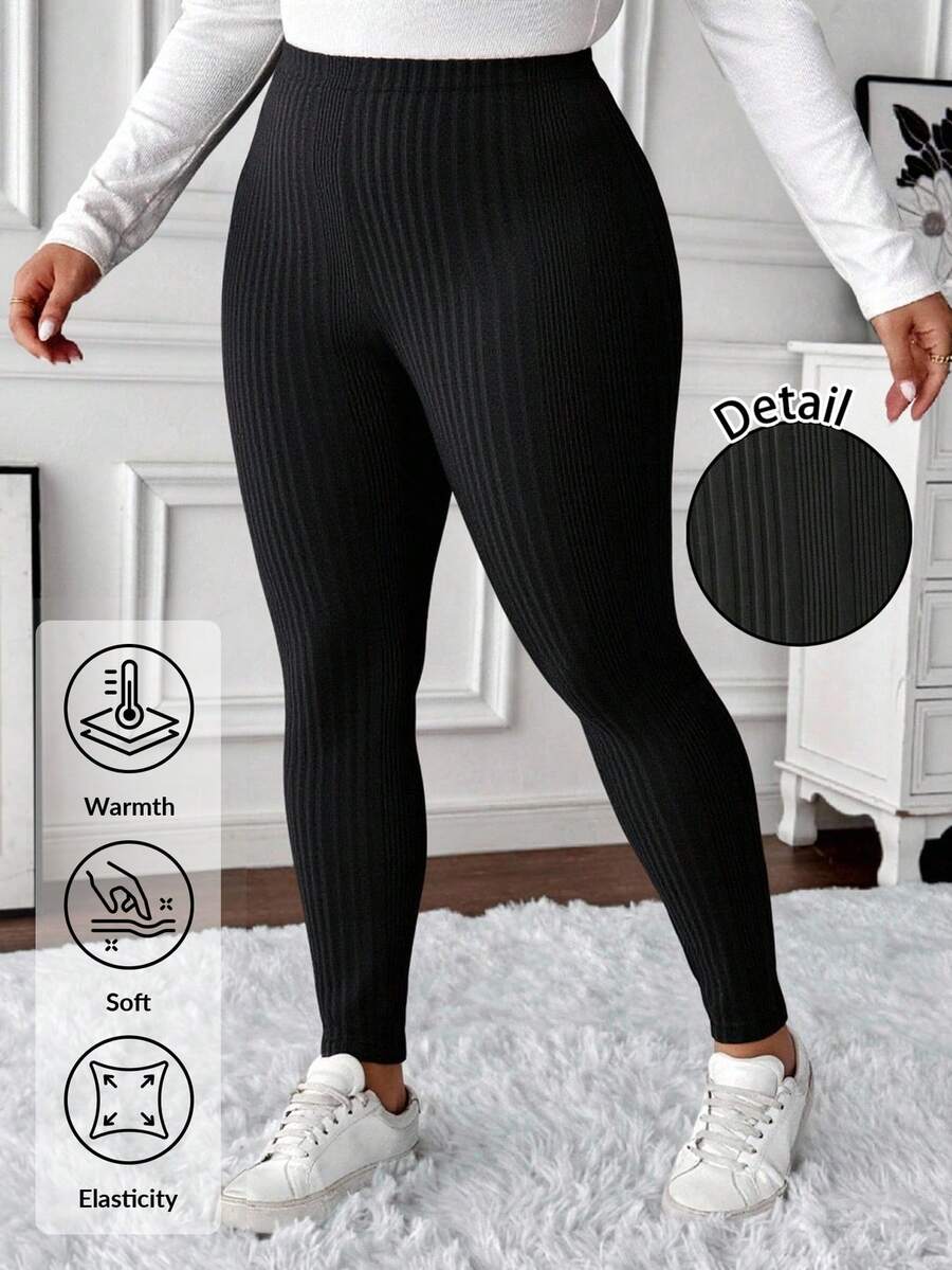 SHEIN LUNE Casual Plus Size Black Ribbed Leggings, Suitable For Autumn/Winter High Waist Leggings Plus Size Leggings Black Leggings Tights Plus Size Yoga Pants Plus Size Ribbed Leggings Plus Size - Black - View 1