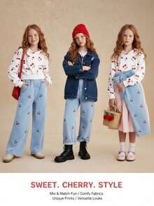 SHEIN Girls Casual Fashion Denim Jeans 1 Piece Knit Comfortable Embroidered Cherry Pattern Cute Outdoor Classic Embroidery Set Fall Winter - Multicolor - View 1