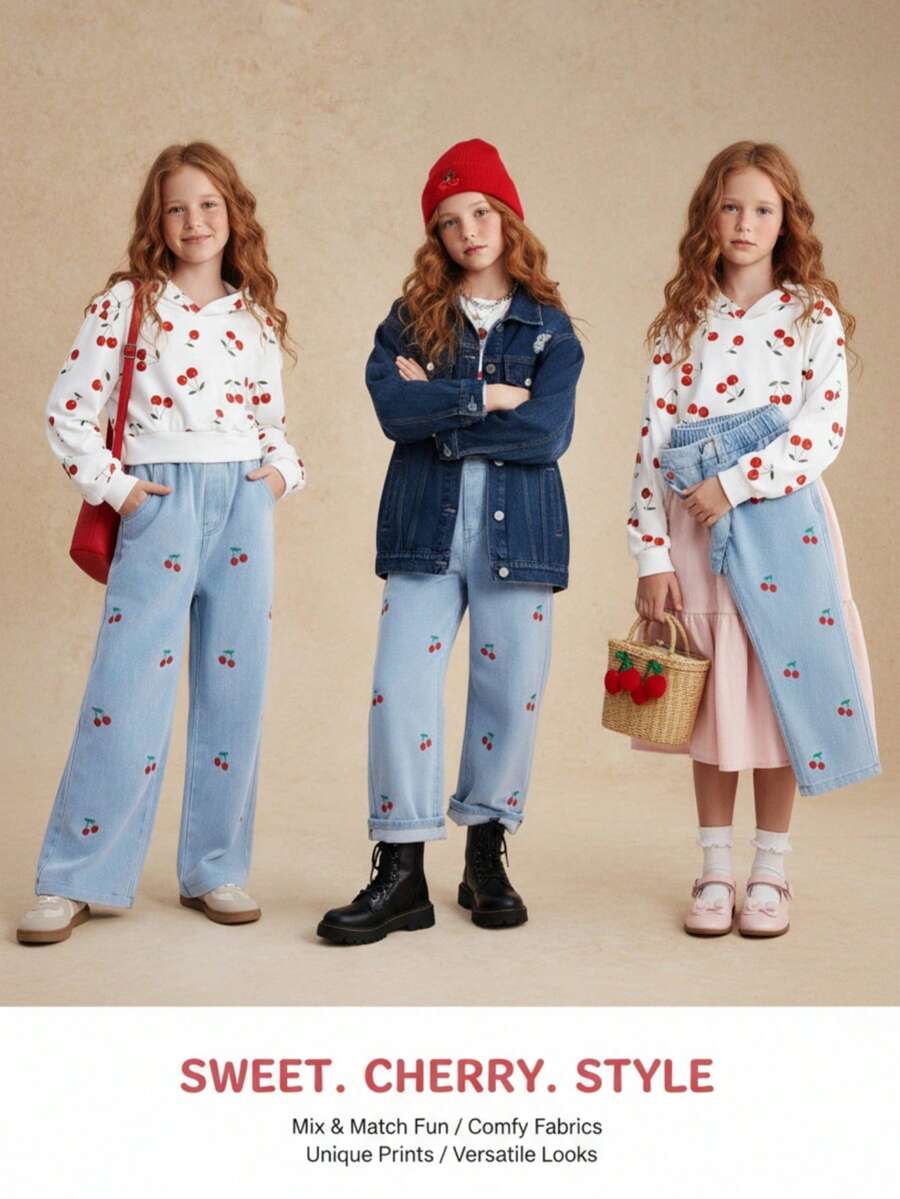 SHEIN Girls Casual Fashion Denim Jeans 1 Piece Knit Comfortable Embroidered Cherry Pattern Cute Outdoor Classic Embroidery Set Fall Winter - Multicolor - View 1