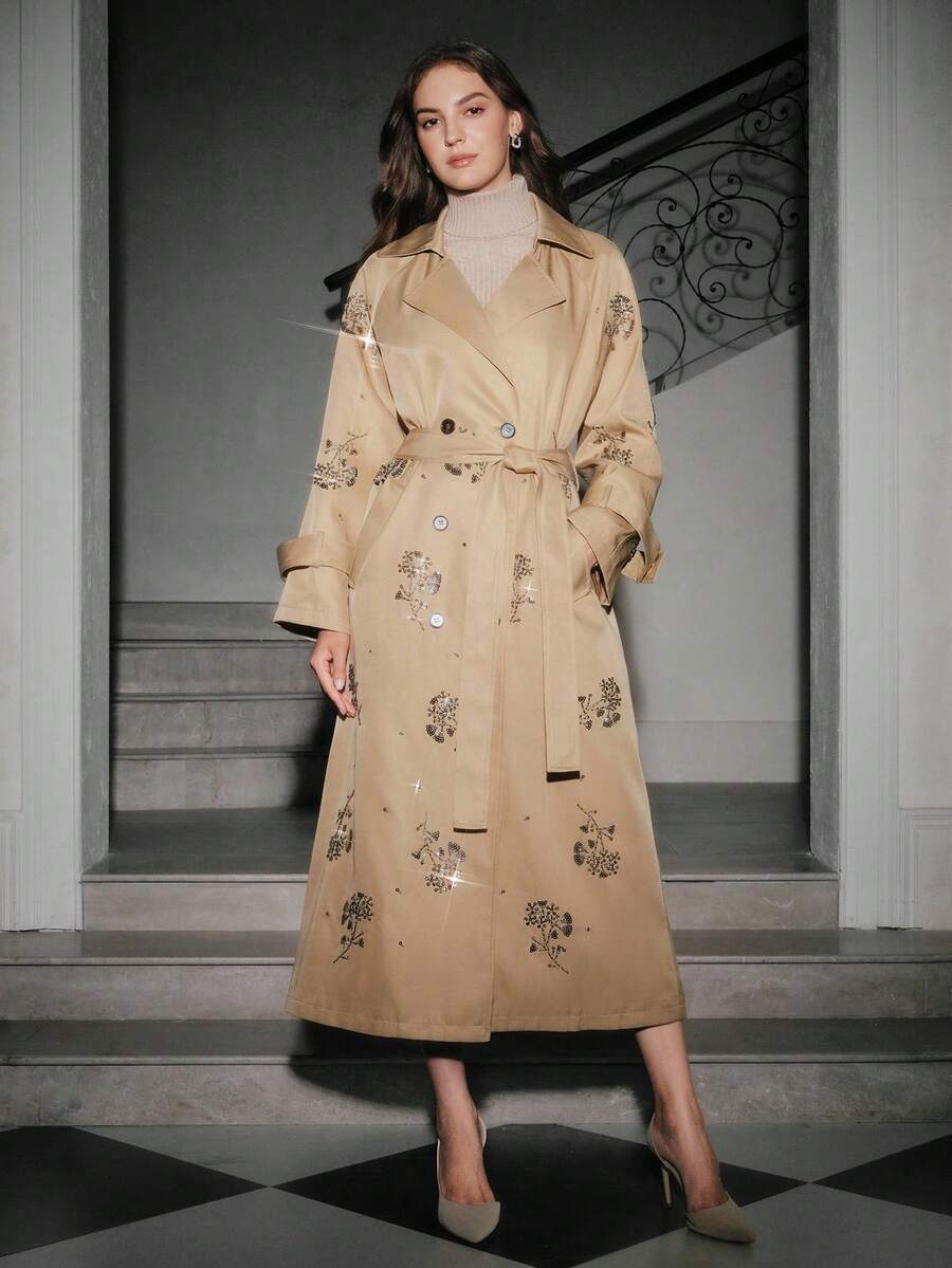 Anewsta 女式复古杏仁灰色串珠双排扣束腰长款风衣，秋冬 - 卡其色 - 查看 1