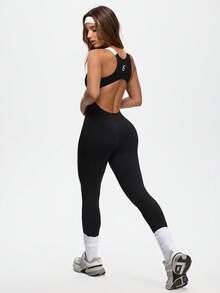 Eassivo Damen Kontrast-Farbiges Rückenfreies Figurbetontes Sport-Jumpsuit