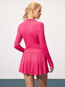 CourtClass Women's Contrast Stripe Print Long Sleeve Top And Pleated Skirt Sports Suit Golf Tops For Women Tennis Dress Long Sleeve - Hot Pink - View 2