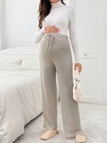 SHEIN Maternity Striped Print Pocket Tie-Waist Adjustable Waist Fashionable Pants