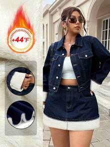 SHEIN ICON Plus Size Vintage Rolled Cuff Dark Blue Denim Jacket - Blue - View 1