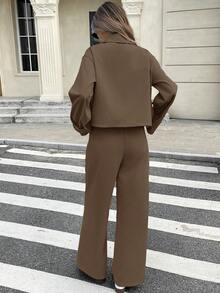 Serisse 女士休闲/办公室通勤简约纯色翻领双排扣西装外套和阔腿裤两件套 - 棕色 - 查看 2