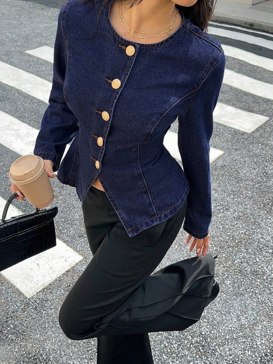 Siren Gaze Women's Casual Everyday Commute Simple Solid Color Single-Breasted Denim Jacket, Spring/Autumn Winter - Dark Wash - View 1