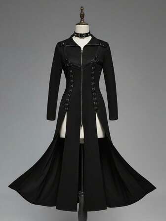 Goth Dark Punk Style Suede High Slit Rivet Decor Women Long Jacket