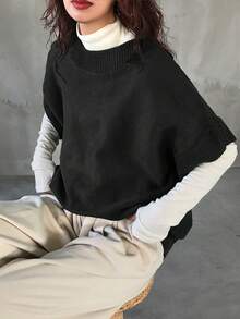 FRIFUL Women's Casual Solid Color Loose Knit Vest, Autumn/Winter - Black - View 3