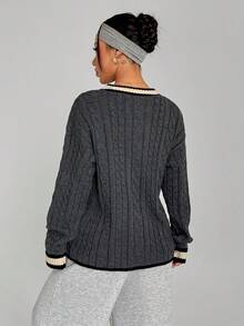 SHEIN Sports Loose Fit V-Neck Contrast Color Button Front Long Sleeve Dropped Shoulder Knit Cardigan Sweater Cardigan For Women - Grey - View 2