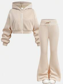 Girlism Tween Girls Knit Hooded Zip-Up Sweatshirt And Sweatpants Set, Casual Loungewear, Autumn/Winter - Apricot - View 15