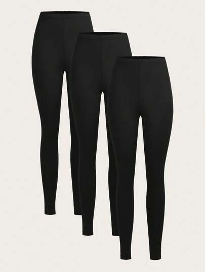 Slaydiva 3pcs Black Casual Solid Color Knit Leggings, Skinny Fit, Long Style, Spring/Summer