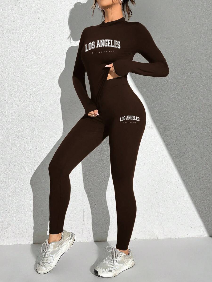 SHEIN Essnce Casual 2pcs/Set Women Los Angeles Slogan Graphic Long Sleeve Tight Fit Crew Neck T-Shirt And High Waist Leggings, Suitable For Spring/Autumn - Coffee Brown - View 1