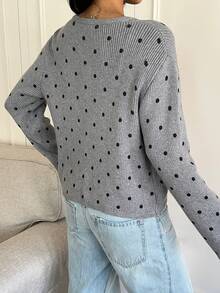 CovetEZ Women's Autumn/Winter New Casual Fashionable Versatile Polka Dot Pattern Comfortable Cardigan Jacket Casual Long Sleeve Casual Knit Cardigan, Autumn/Winter Style Women's Polka Dot Pattern Long Sleeve Single-Breasted Casual Knitted Cardigan, Autumn/Winter - Grey - View 2