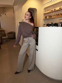 Women Casual Solid Asymmetric Collar Drawstring Top, Autumn - Brown - View 4