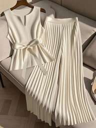 GlowEve CURVE 2 piezas Conjunto de top sin mangas y pantalones anchos de pierna ancha plisados informales para mujer de talla grande