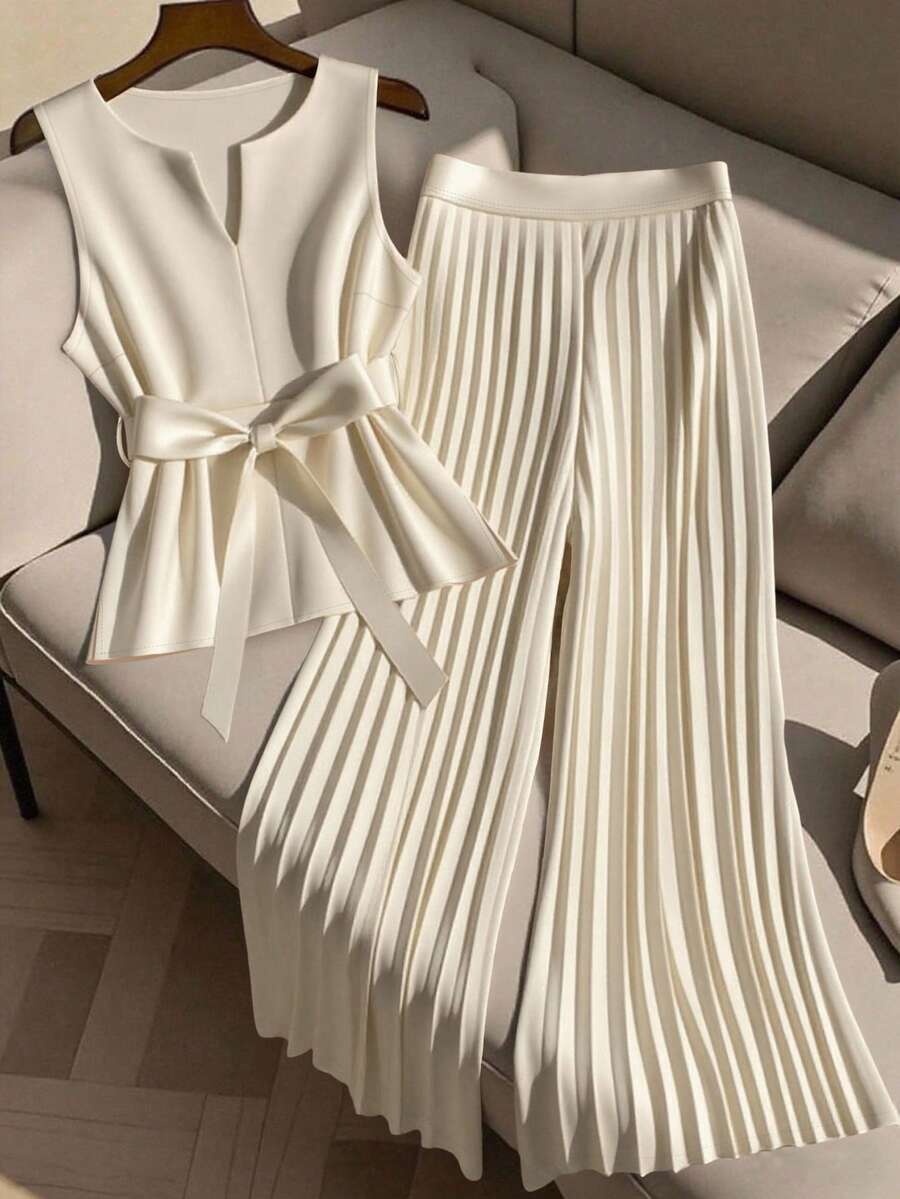 GlowEve CURVE Bộ 2 áo không tay cỡ lớn và quần ống rộng xếp ly thoải mái cho nữ - Màu be - Xem 1