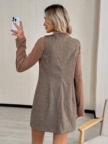 Easowa 棕色粗花呢直筒无袖女式连衣裙，简约时尚百搭风格，适合秋冬简约、复古和经典装扮 - 棕色 - 查看 5