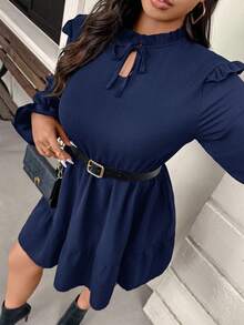 SHEIN Frenchy 加大码纯色领带褶边下摆优雅长袖连衣裙 - 藏蓝色 - 查看 5