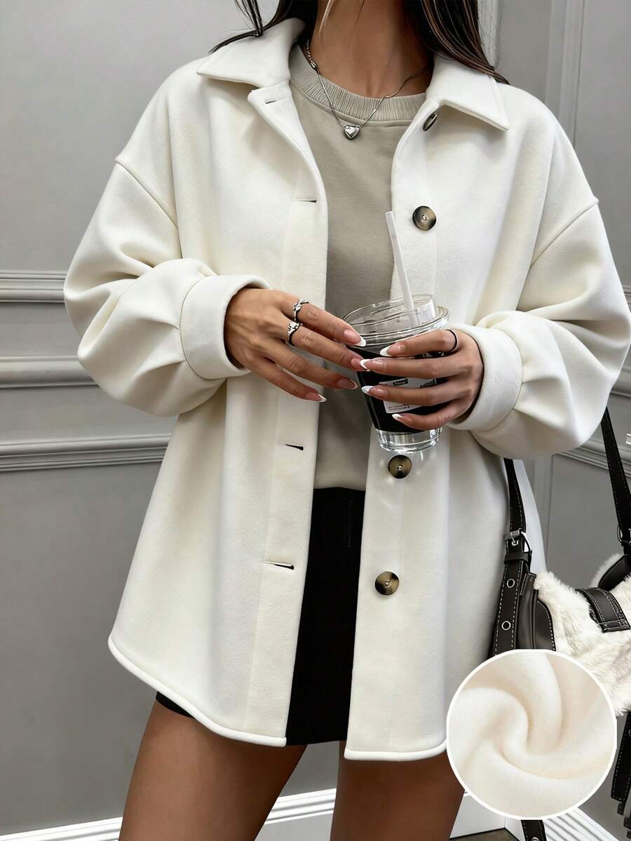 SHEIN EZwear Damen einfarbiger Mantel mit Knopfleiste vorne, langärmlig, modisch für Herbst/Winter - Weiss - Übersicht 1