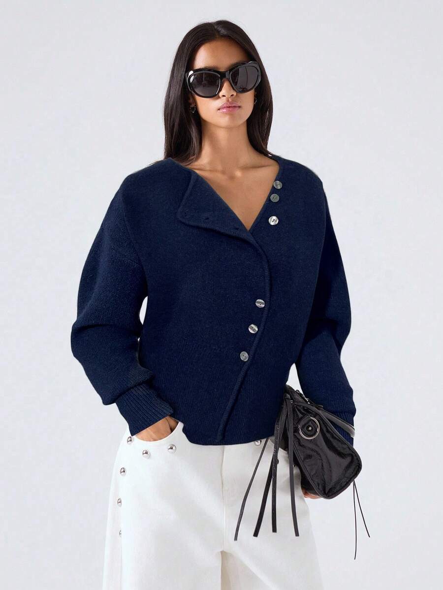 LYSMO 2025 Neue einfache Herbst Damen unifarbene Cardigan, Drop-Shoulder Langarm Einzelknopf Lässig Strick Cardigan, Herbst und Winter kurzer Cardigan Navy Blau Cardigan Knopf Cardigan Knopf Pullover Kragen Cardigan