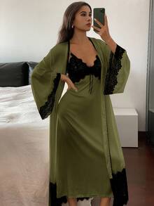 DAZY 女士睡衣套装：撞色蕾丝拼接系带睡袍和吊带睡裙，冬季服装 - 橄欖綠 - 查看 4
