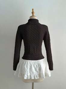 Elamini Suéter de punto con cuello alto y cordón para mujer/niña de estilo casual - Negro - Ver 2