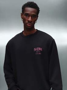 PLAYBOY X SUMWON 短款运动衫，带徽标印花，长袖套头衫，圆领上衣 - 黑色 - 查看 6