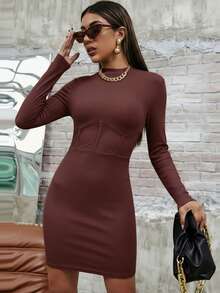 Zolique Vestido Casual de Manga Longa Minimalista de Cor Sólida para Mulheres - Vinho - Visão 4