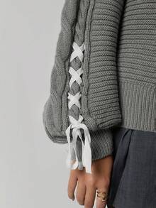 SHEIN TRNDY 1pc Women's Gray Sweater, Casual Minimalist Bowknot Cross Strap Lantern Sleeve Textured Knit, Suitable For Autumn/Winter