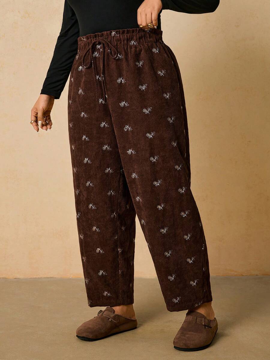 Travachic Plus Size Casual Floral Embroidered Drawstring Waist Pants, Autumn/Winter - Coffee Brown - View 1