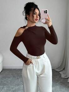 Elenzga Áo thun dài tay hở vai màu trơn dành cho nữ, thích hợp khi đi làm - màu nâu - Xem 1