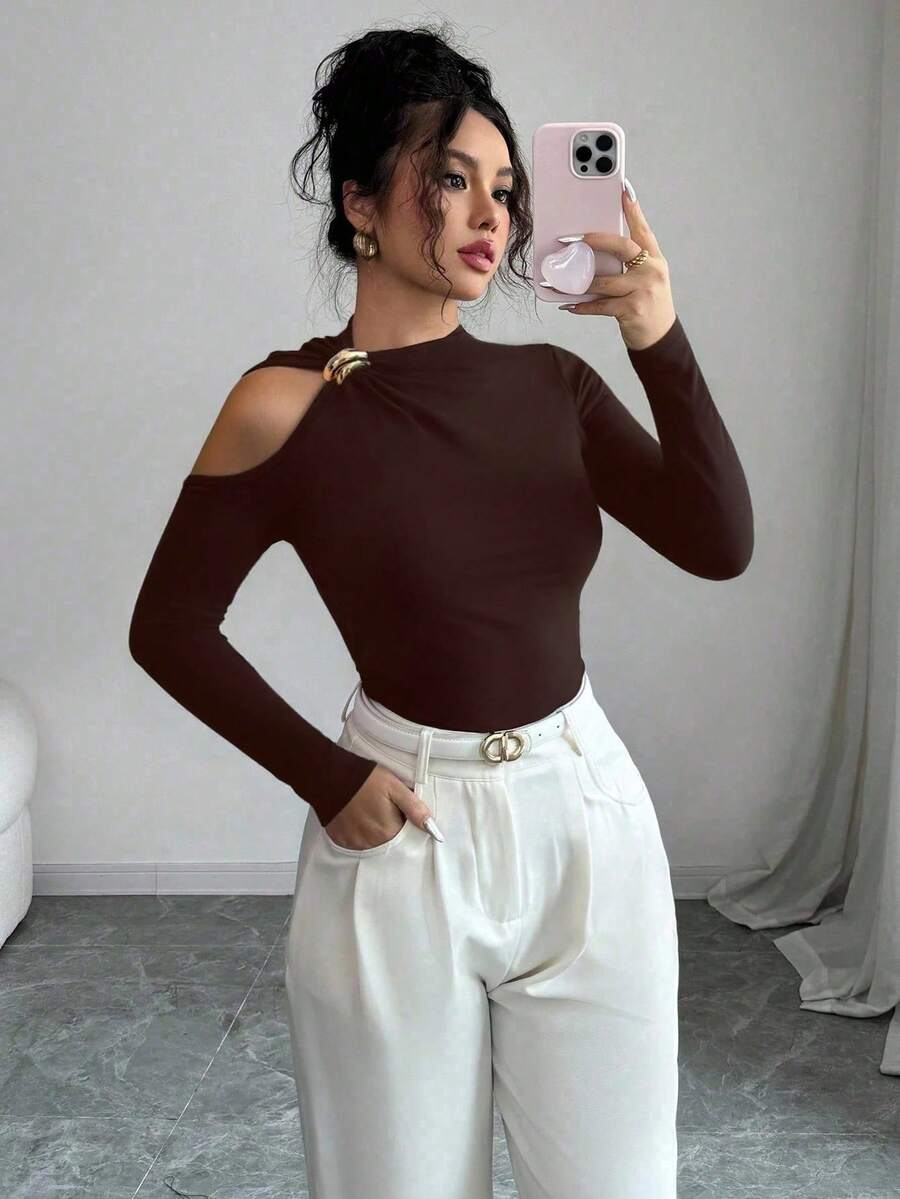 Elenzga Áo thun dài tay hở vai màu trơn dành cho nữ, thích hợp khi đi làm - màu nâu - Xem 1