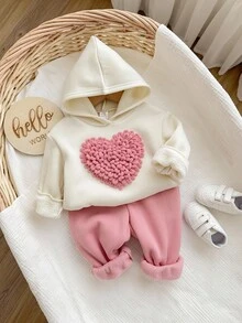 SHEIN Babygirl 可爱心形图案针织连帽衫套装，秋冬 - 彩色 - 查看 4