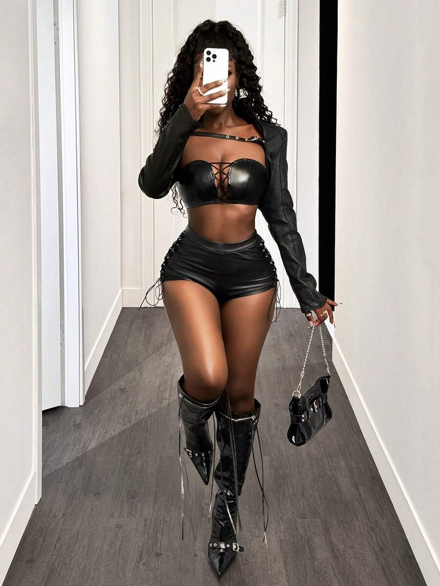 BamGleam Sexy Damen PU Leder Crop Top mit Kreuz-Design - Schwarz - Übersicht 1