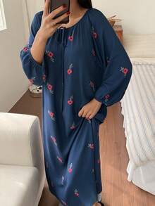 DAZY Blumenmuster Loose Damen Nachthemd mit Kordelzug Taille, Winter, Moo Moo Nachthemd