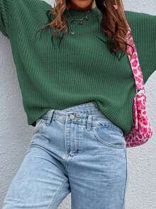 SHEIN LUNE Suéter de cuello redondo de unicolor, versátil y de manga larga - Verde - Ver 4