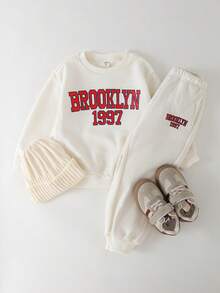 THE HAPPY LOOK Young Girl Casual Letter Print Elastic Waist Cuffed Sweatpants, Autumn/Winter - Beige - View 7