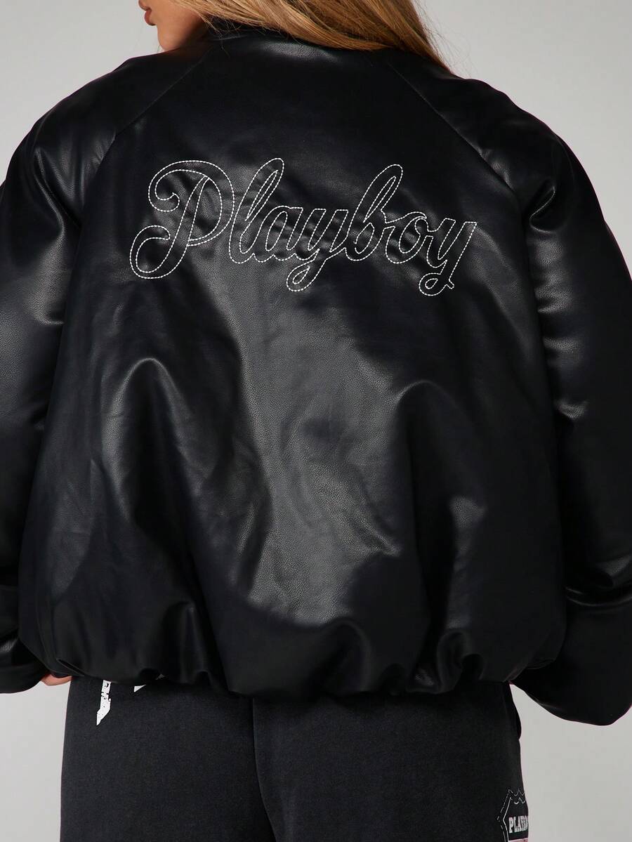 Missguided x Playboy 女式超大号皮革飞行员夹克冬季时尚黑色绗缝羽绒风格拉链休闲街头短款带标志刺绣时尚现代 - 黑色 - 查看 1