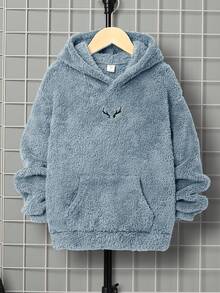SHEIN Boys' Casual Embroidered Double-Sided Fleece Hooded Pullover Sweatshirt - Baby Blue - View 3