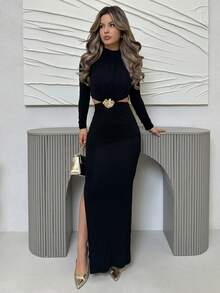 Jemour 女士性感时尚优雅高领侧镂空前中金属纽扣装饰修身黑色长袖连衣裙 - 黑色 - 查看 6